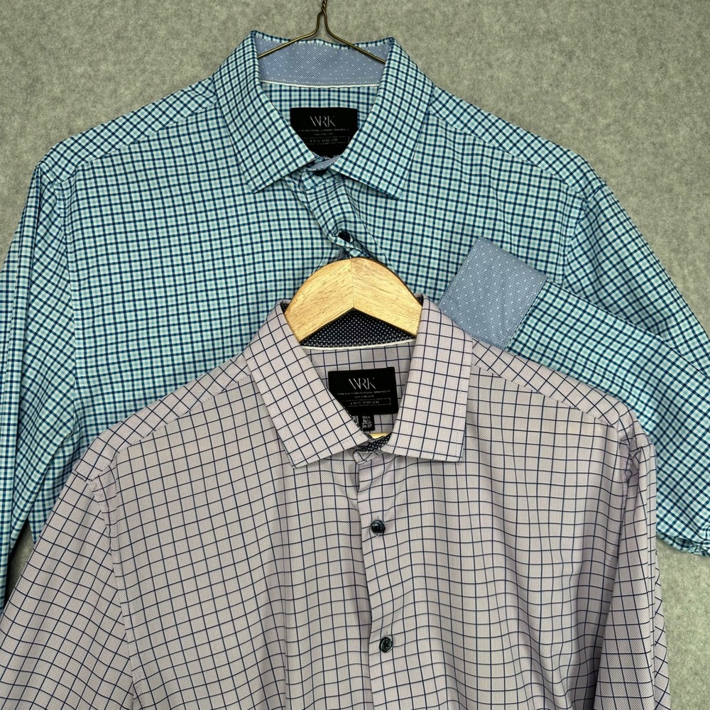 WRK Mens Tall 16.5 36‎ 37 Button Down Shirt 4 Way Stretch Check Lot of 2 Bundle